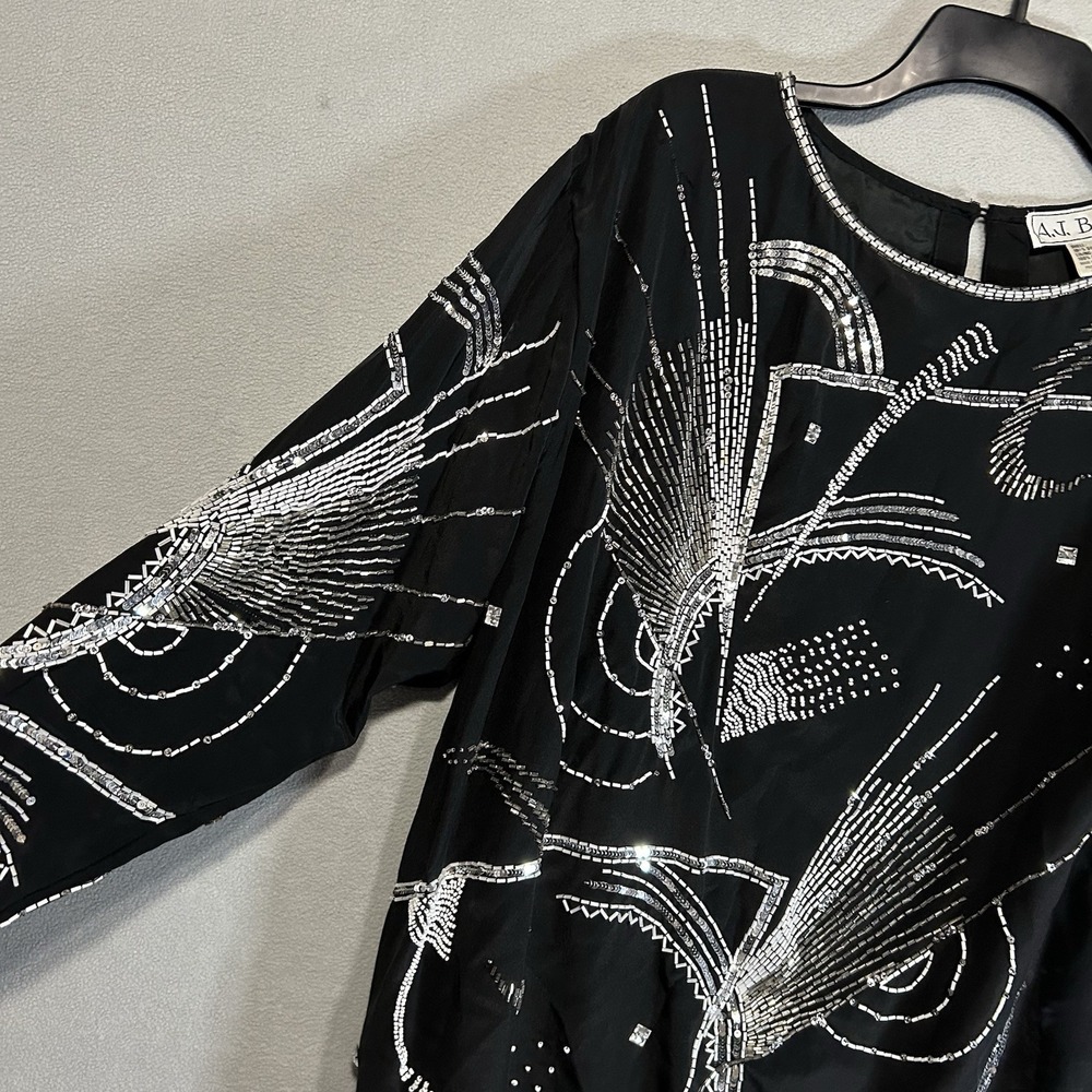 A.J. BARI Vintage Silk Beaded‎ Black Silver Long Sleeve Dress Coquette Size 14 - Picture 3 of 8
